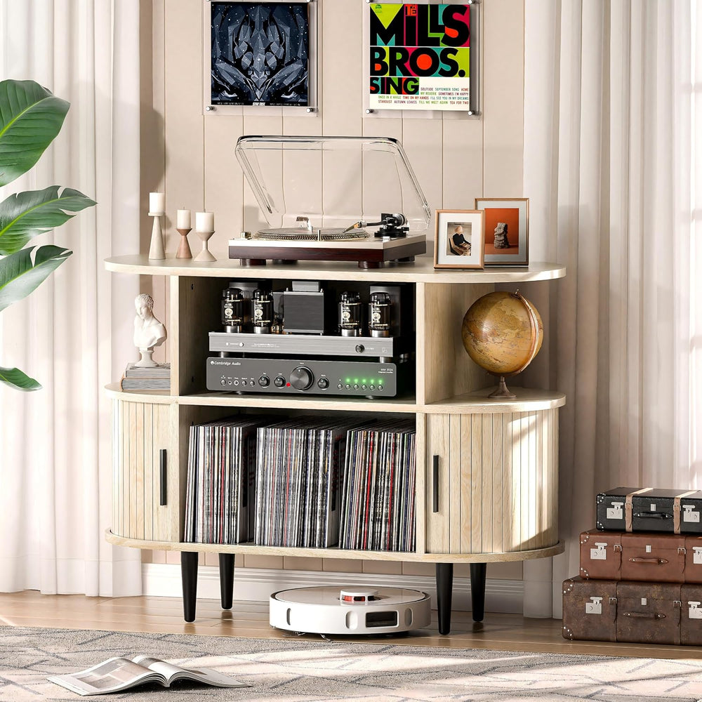 Large Record Player Stand with Storage and Shelves, Natural