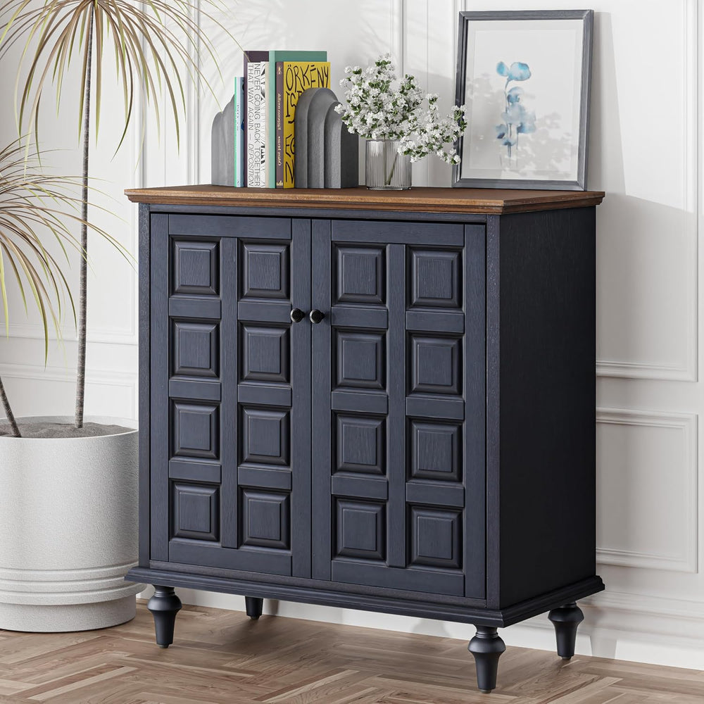 Aoikax Retro 2 Door Storage Cabinet, Dark Blue, Natural Wood