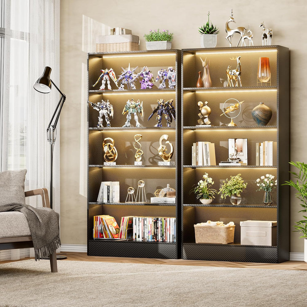 CODACE Tall Wooden 5-Tier Black Bookshelf - Display Cabinet with LED Lights