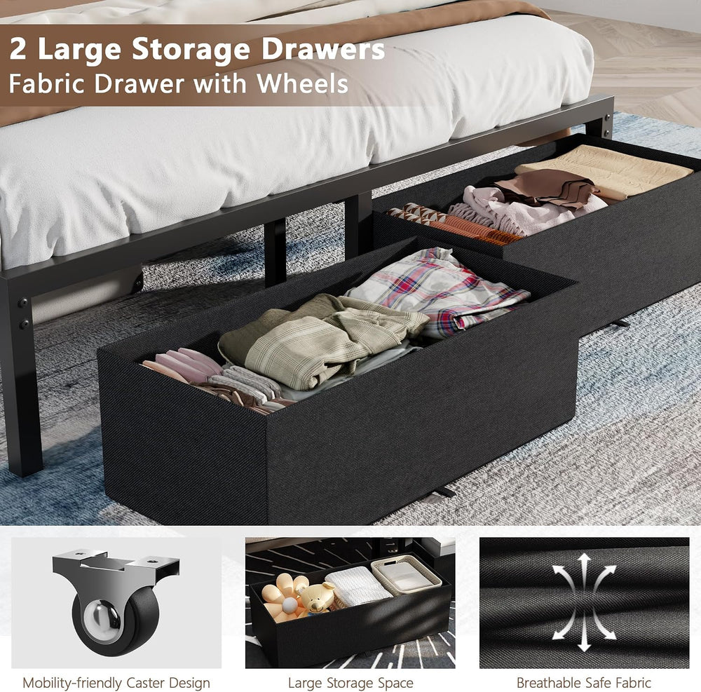 Furnulem Full Size Bed Frame with Storage Drawers and Upholstered Headboard