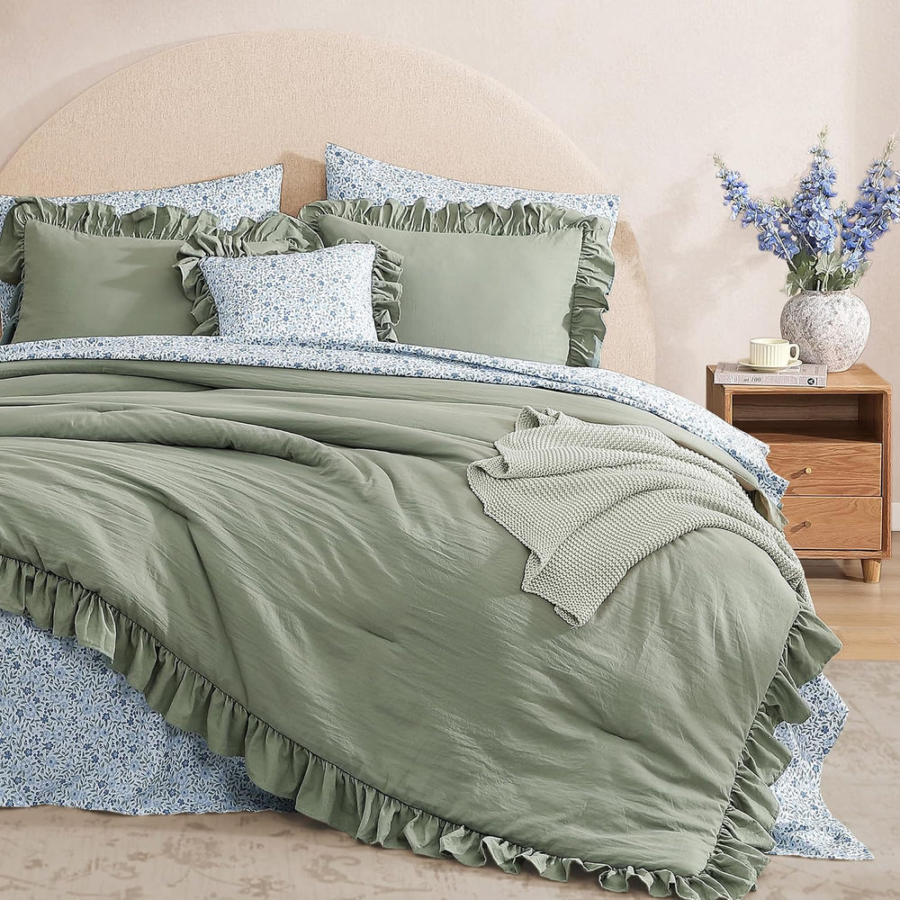 BLOOMHAVEN Queen Comforter Set-7 Pieces Ruffle Bedding with Floral Sheet