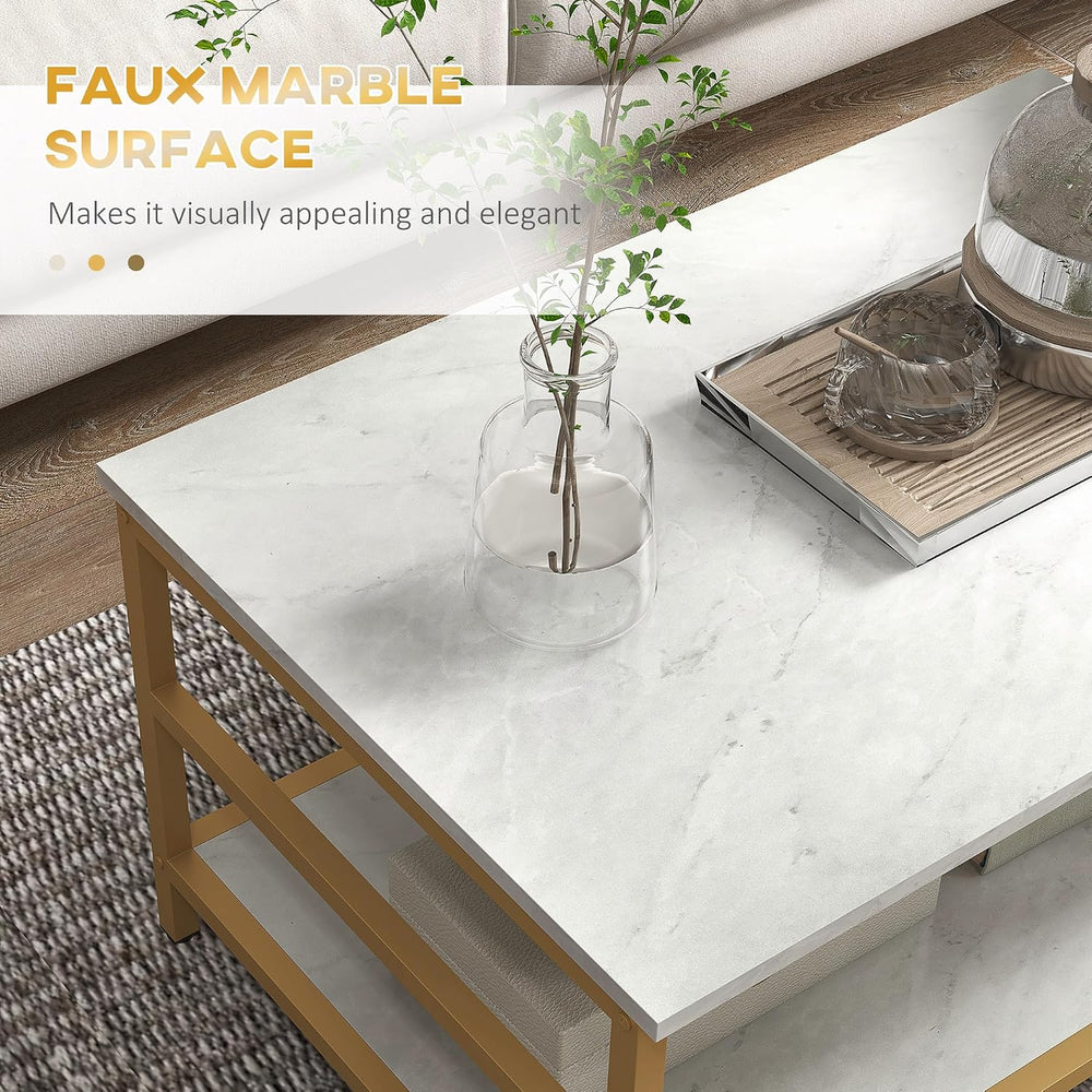 HOMCOM Coffee Tables Set of 2 2-Rier Sofa Side Table Faux Marble Top White