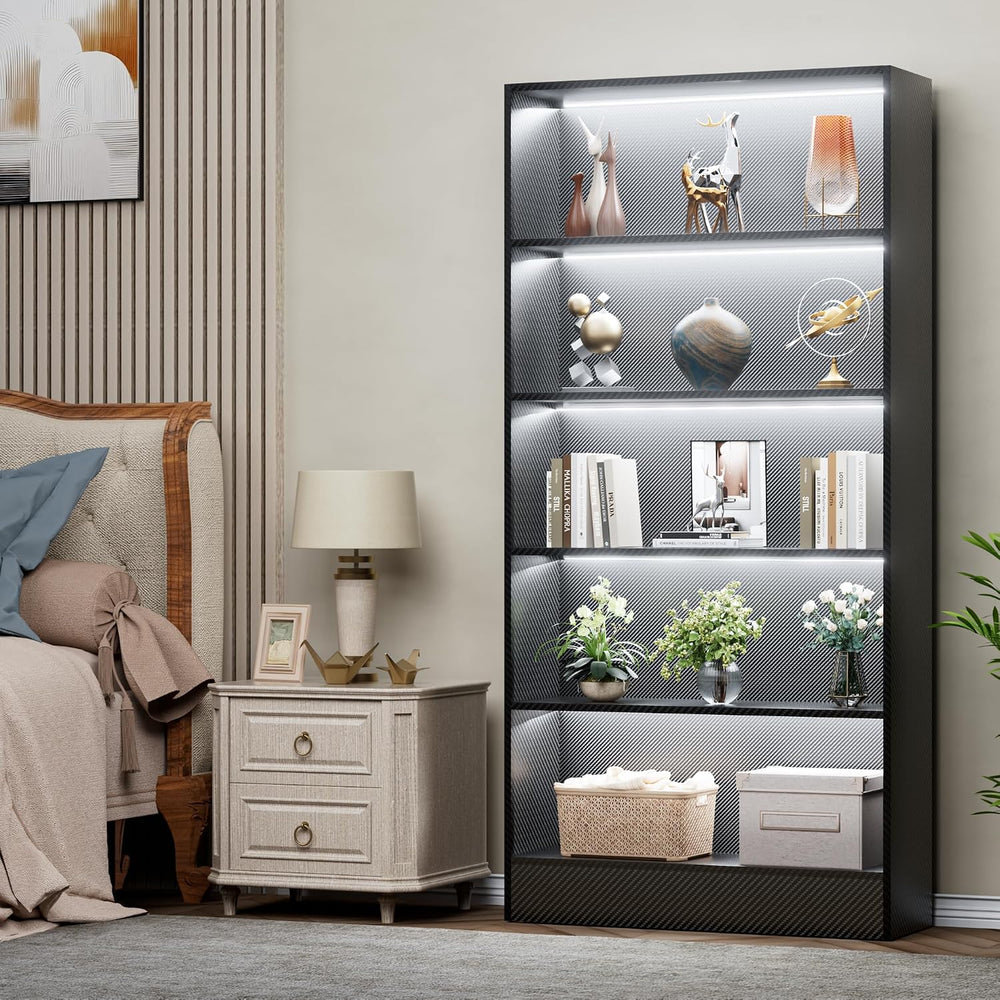 CODACE Tall Wooden 5-Tier Black Bookshelf - Display Cabinet with LED Lights
