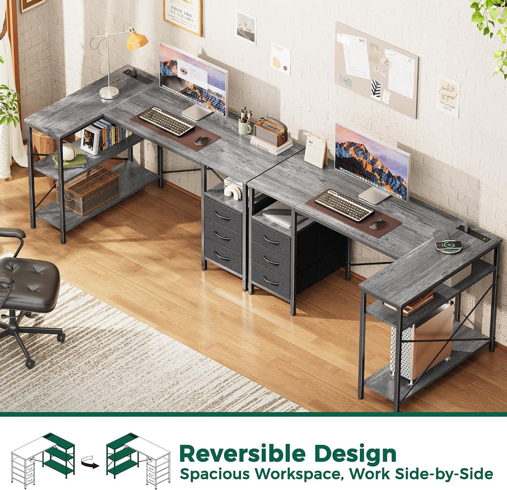 Huuger L Shaped Office Desk with Power Outlets & 3 Drawers