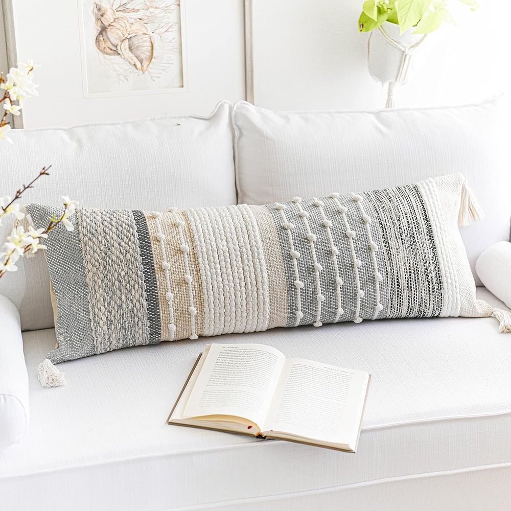 BlissBlush Gray Boho Lumbar Throw Pillow Cover 14x36 Grey Accent Long Body Lu...