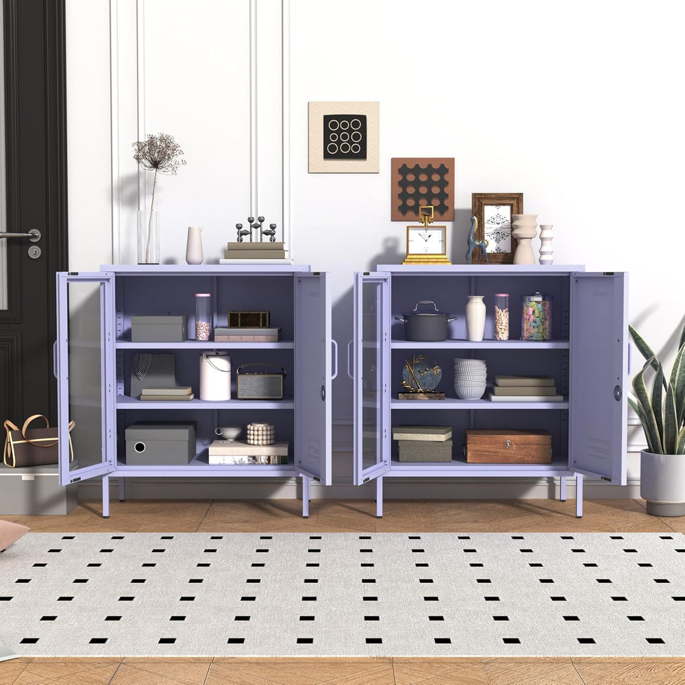 Purple Lockable Glass & Metal Door Storage Cabinet, 3-Tier Freestanding L...