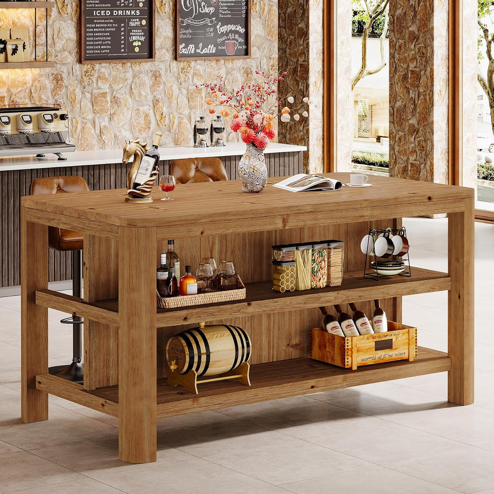 63" Solid Wood Kitchen Island, Kitchen Table with Storage Shelves