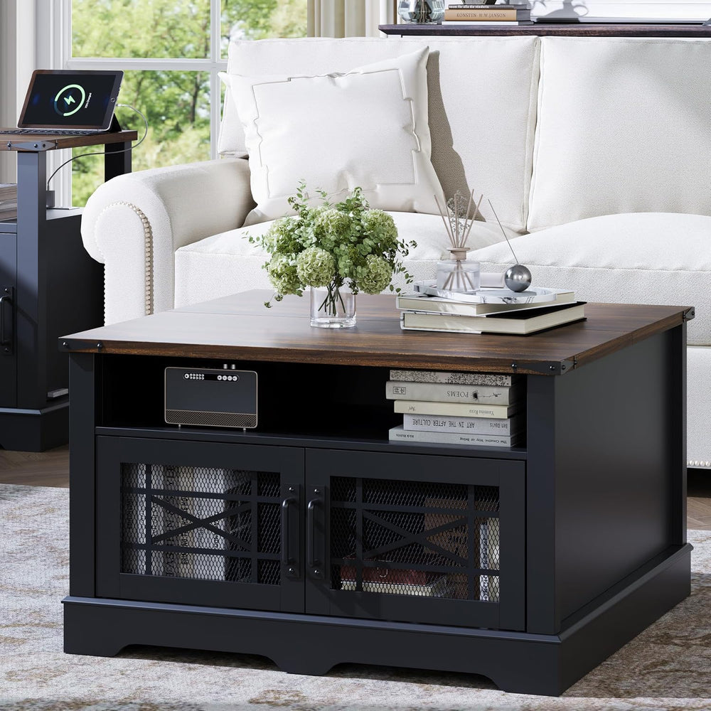 Square Coffee Table, Black Coffee Table with Hidden Compartment Lift-up Top