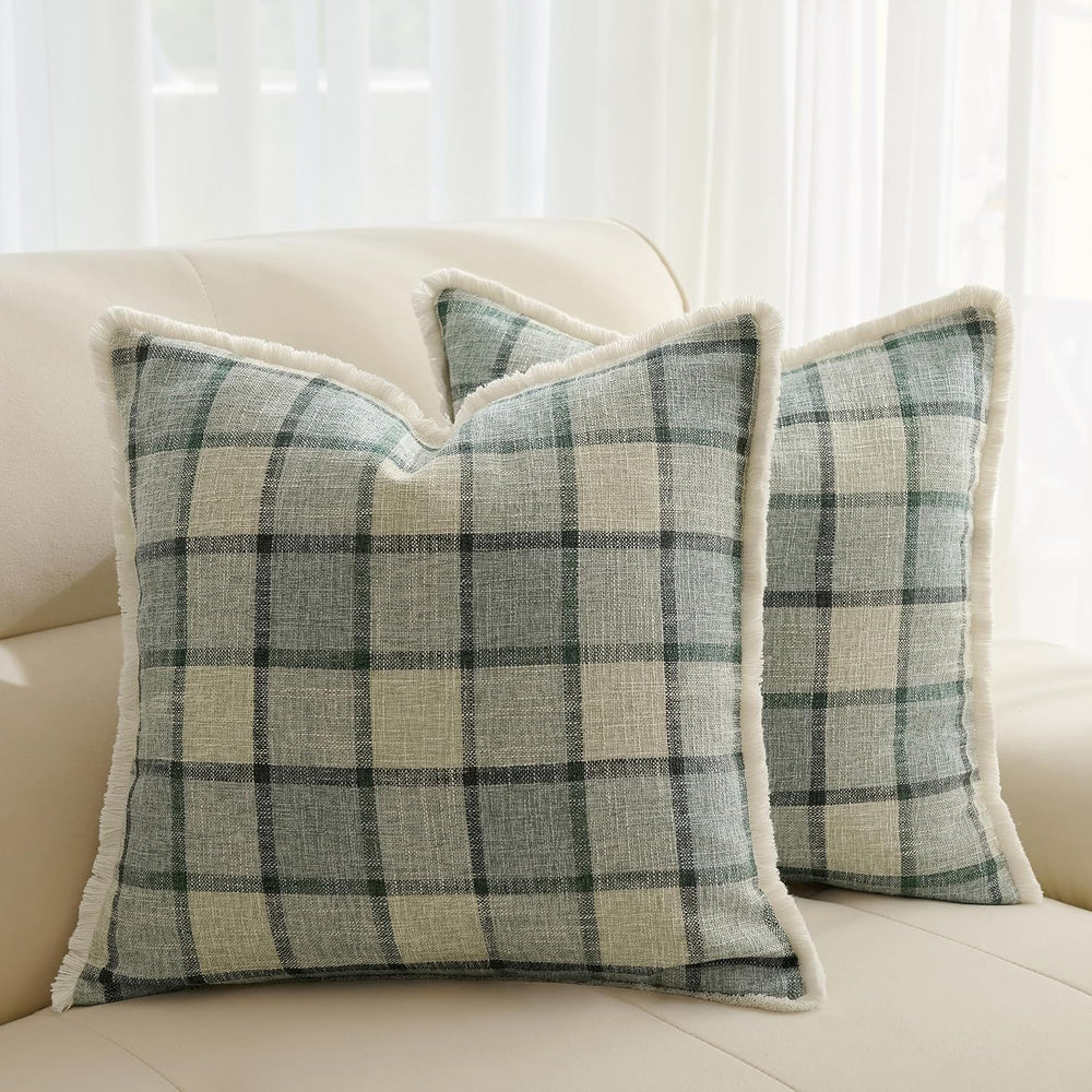 Classic Windowpane Plaid Pillow Covers 18x18 Set of 2, Structured Linen-Look ...