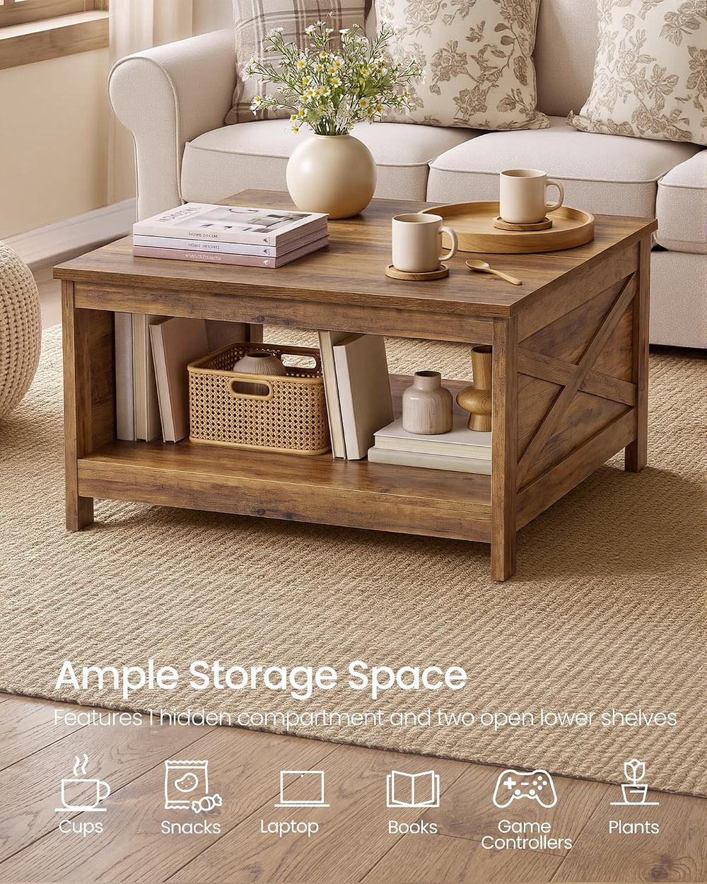 VASAGLE Lift Top Coffee Table, Square Farmhouse Coffee Table with Storage