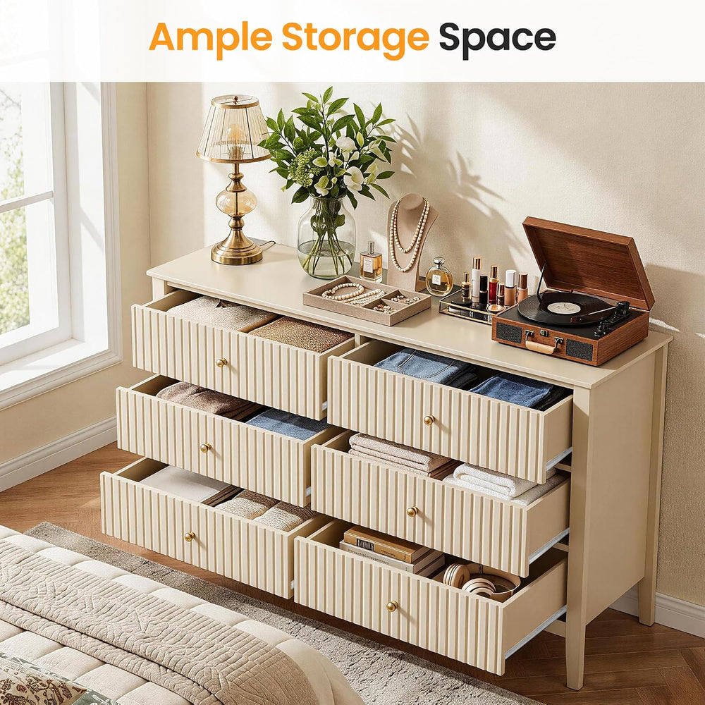 RoyalCraft Beige 6 Drawer Dresser, Fluted Modern Wood Chest of Drawers, Long ...