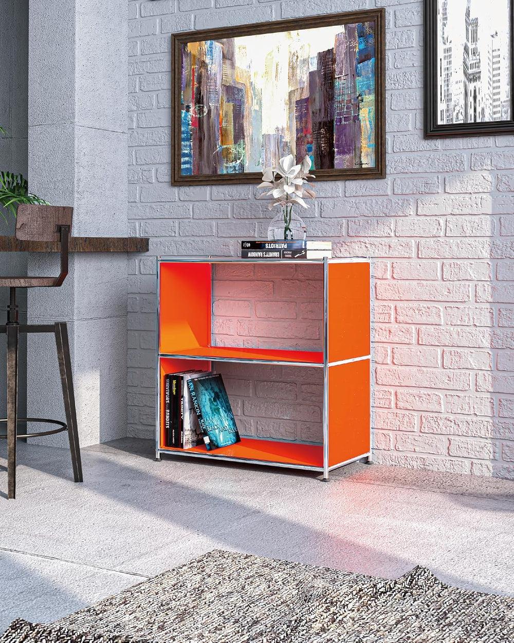 Metal Bookcase with Chrome Frame, Mid-Century Modern, H32.5