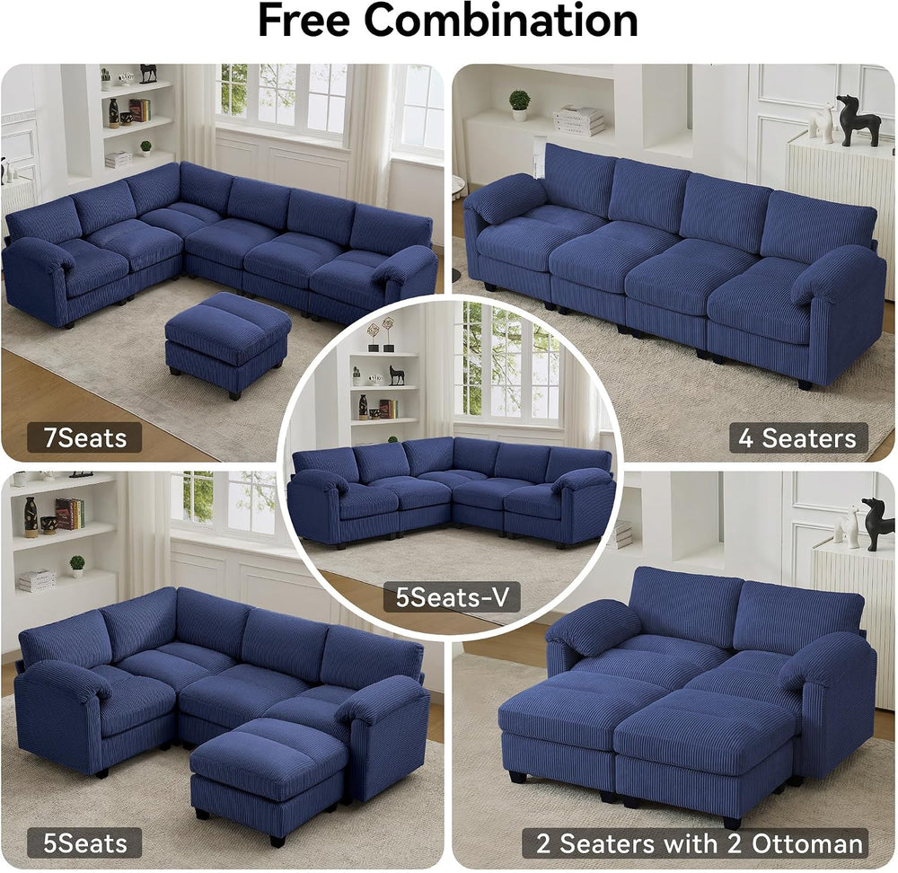 Modular Sectional Sofa, 61'' Corduroy Deep Seat Couch with 2 Ottoman,...