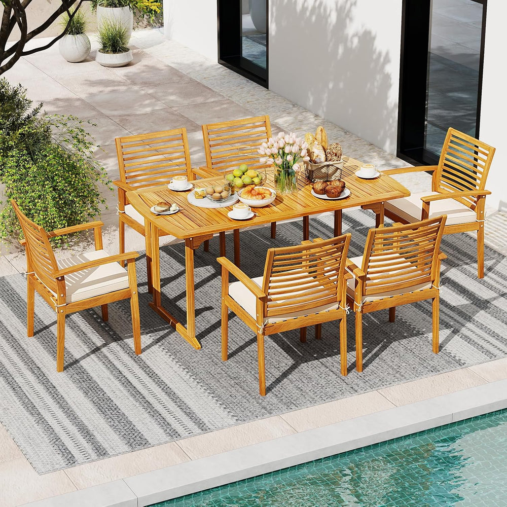 Tangkula 7 Piece Patio Acacia Wood Dining Set for 6, Patio Rectangle Table wi...