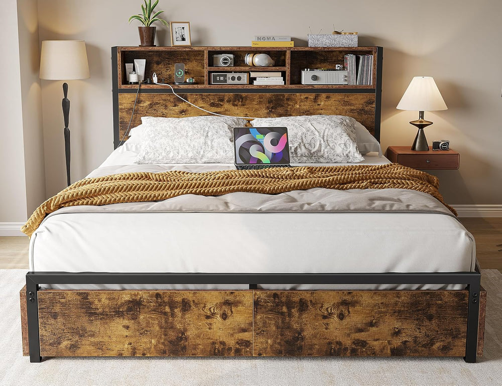 EnHomee Full Bed Frame with 6 Storage Drawers, Charge Station,Noise-Free