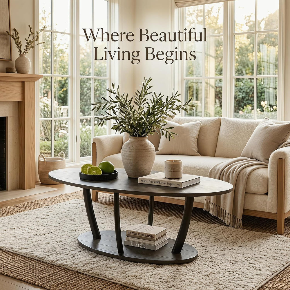 Manora Rustic Small Oval Coffee Table for Living Room, Narrow Wood Center Tab...