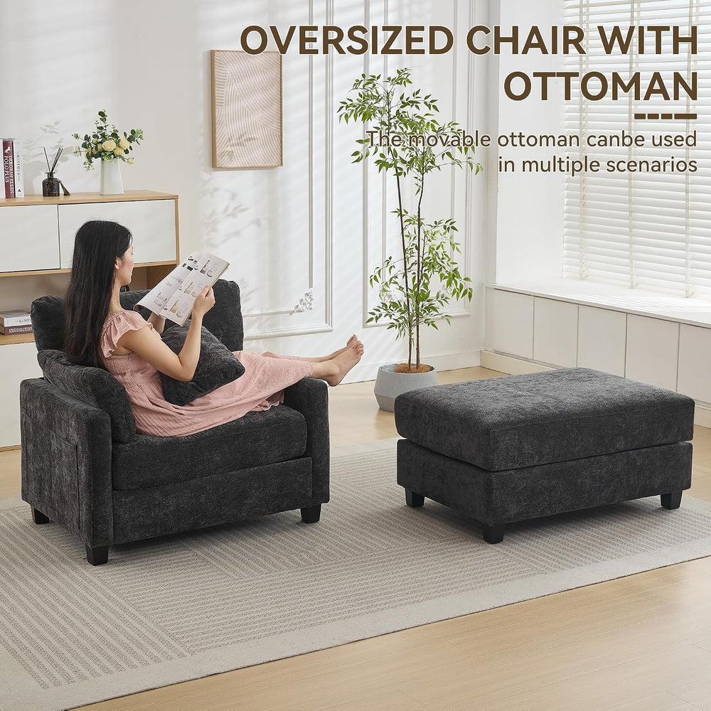 WUTUTUEE 57.5" Oversized Chaise Lounge with Ottoman Indoor, Grey Reading...