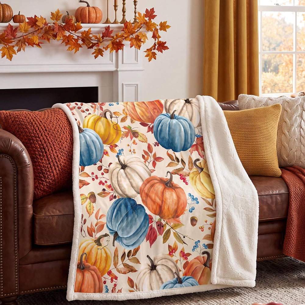 Fall Pumpkins Throw Blanket, Autumn Orange White Blue Pumpkins Leaves and Ber...