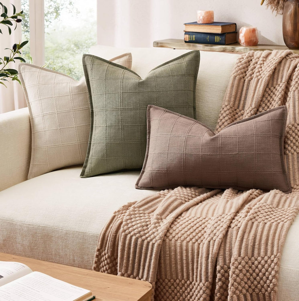 ZeeMart 2pk Check Linen Flanged Pillow Covers 24x24, Cocoa Brown