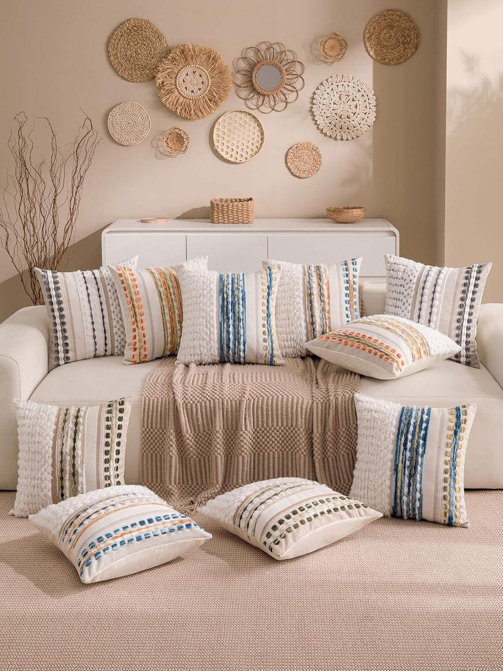 Boho Chenille Tufted Couch Throw Pillow Covers 18x18 Inch Set of 2 Farmhouse ...