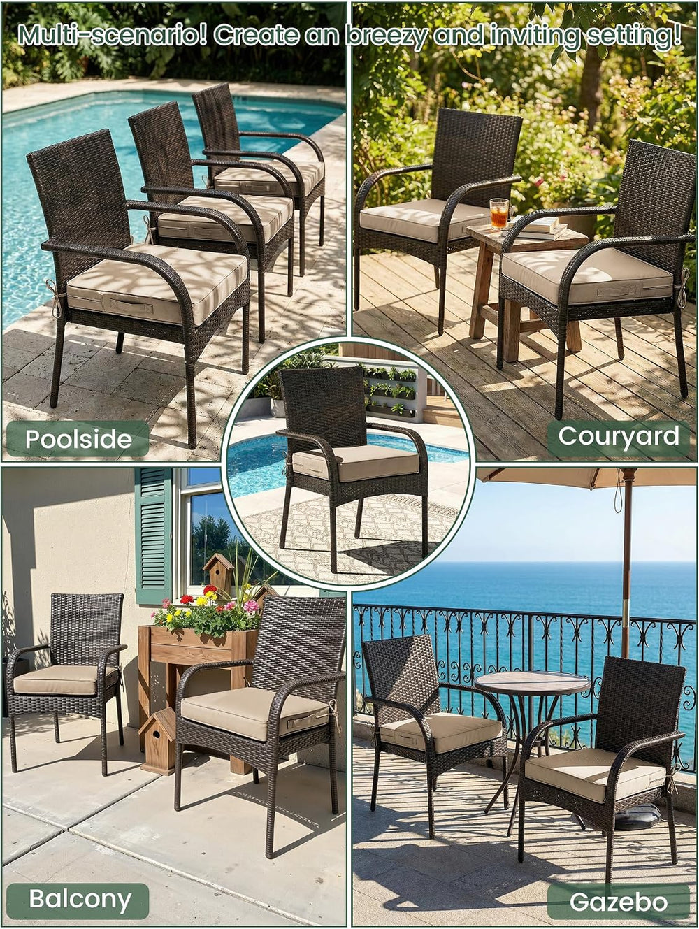 Outdoor Chair Cushions 19x19x4 Inch with Handles and Ties Cushion Set of 6
