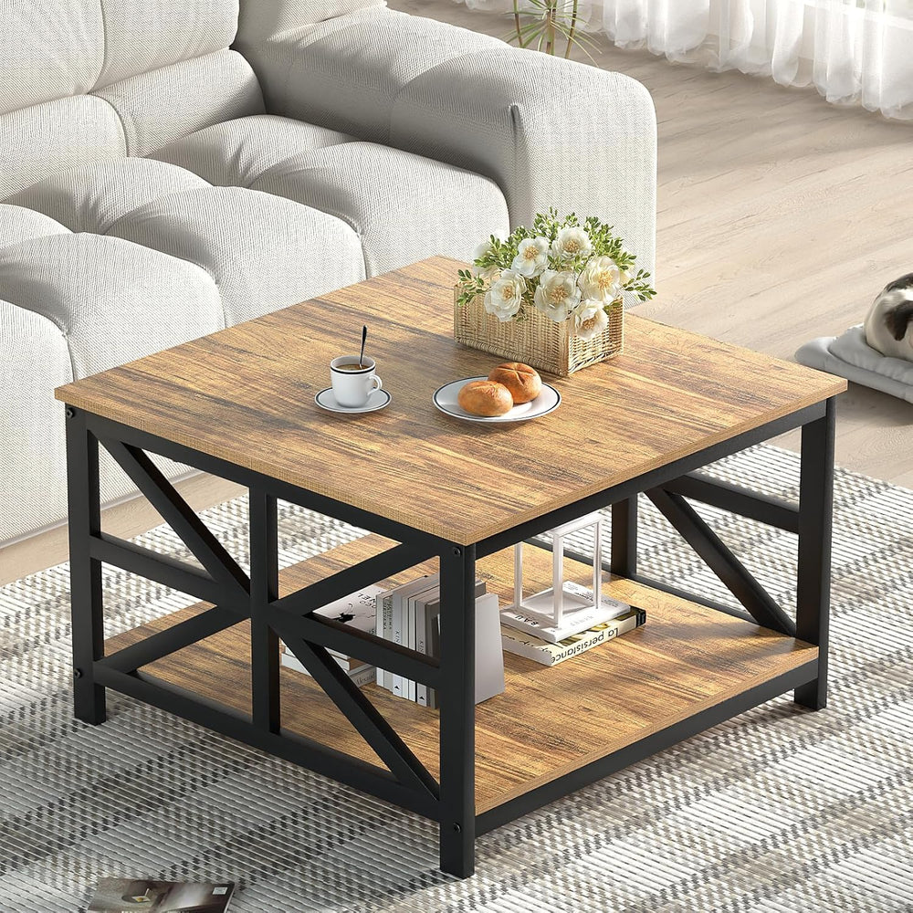 GreenForest 27.55 Inch Square Coffee Table with 2 Tier Storage