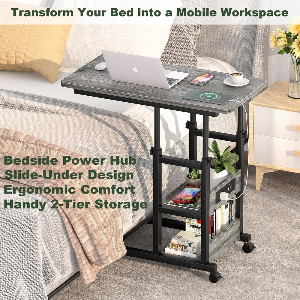 Rolling C Shaped End Table with Charging Station for Couch, Height Adjust
