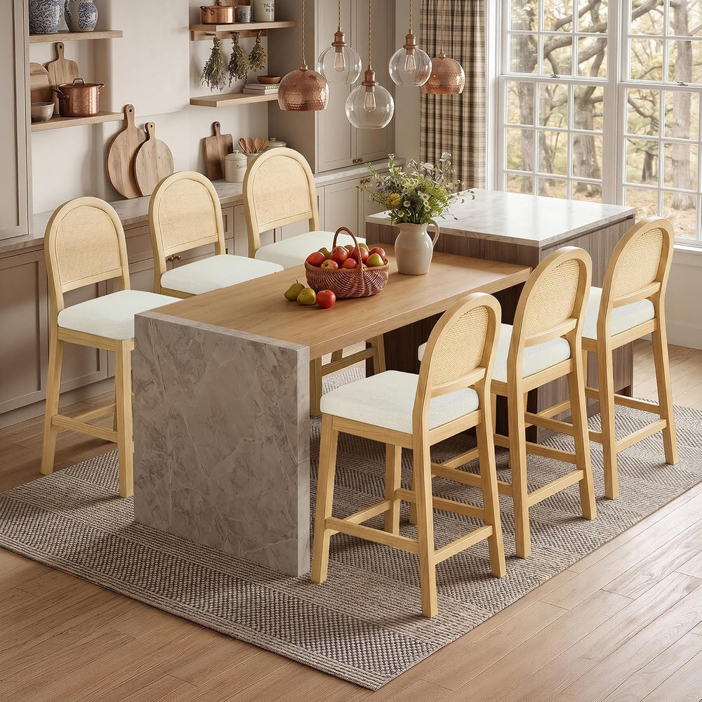 Upholstered Rattan Bar Stools, 26'' Counter Height, Set of 2, Natural