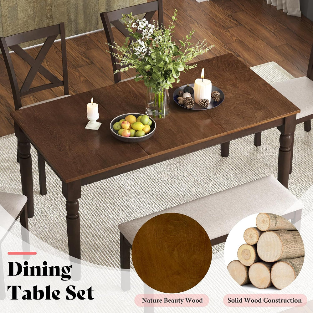 AMERLIFE 6 Piece Farmhouse Dining Set with 60" Solid Wood Table, Brown