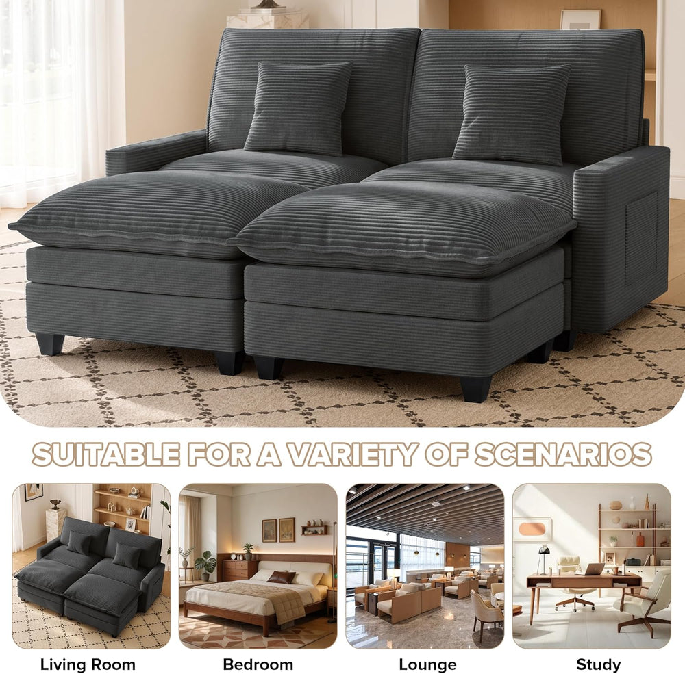 74" Cloud Loveseat with 2 Movable Ottoman, Deep Seat Modular Sectional Sofa