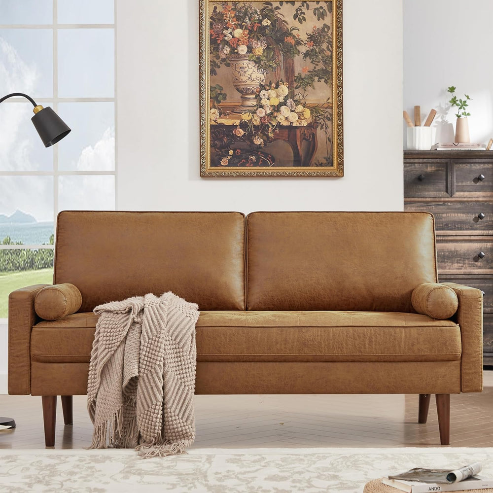 HIFIT 57" Loveseat Sofa Couch, Mid Century Modern Faux Leather Couch, Brown