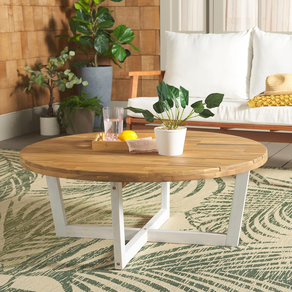 SAFAVIEH Outdoor Leo Wood Coffee Table, 39.4" Natural/White PAT7320A
