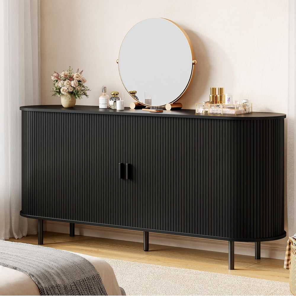ComfyCorner 63" Fluted Buffet Sideboard Cabinet with Sliding Door, Black