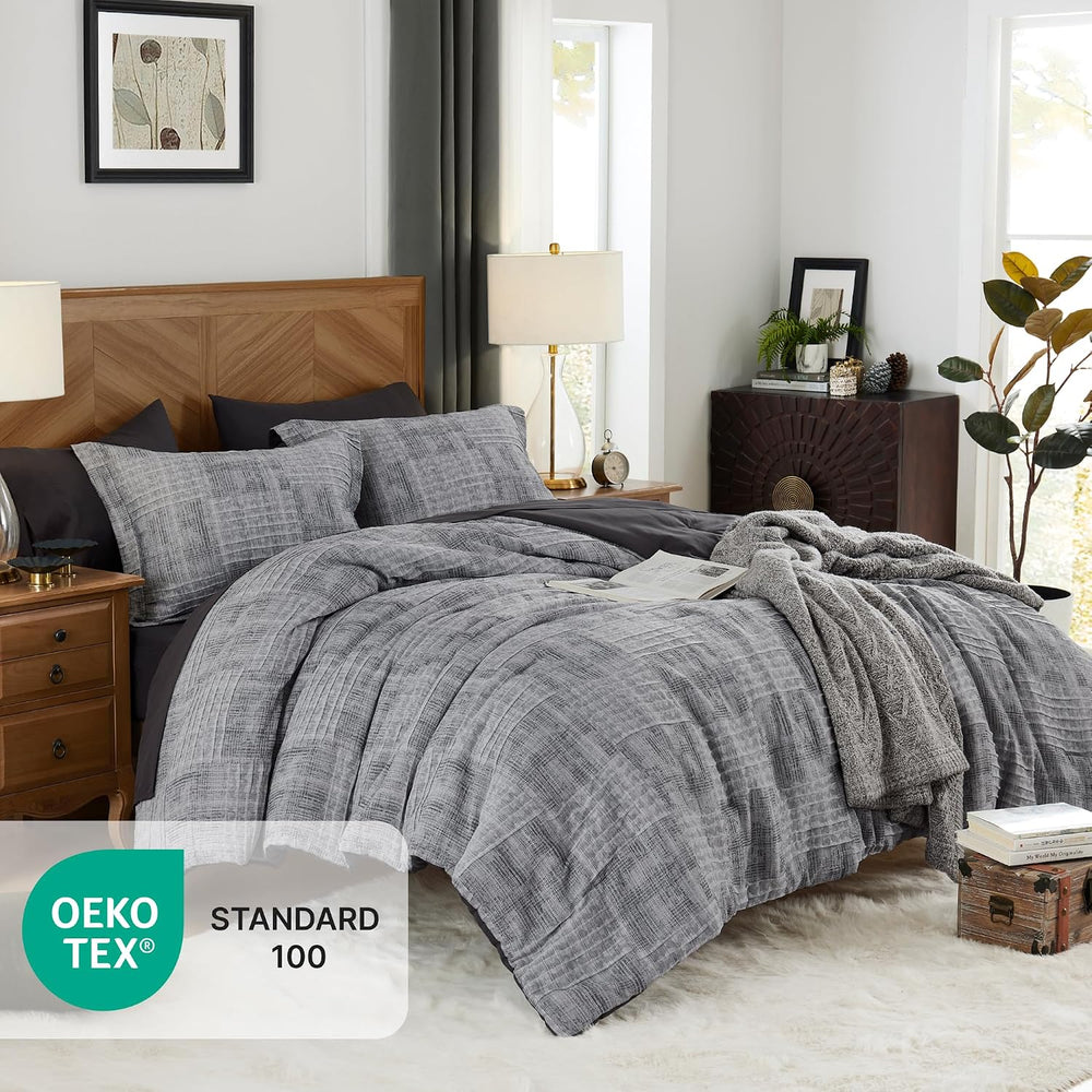 MaiRêve Queen Comforter Set Crinkle Textured Charcoal Grey Bedding 7 Pieces