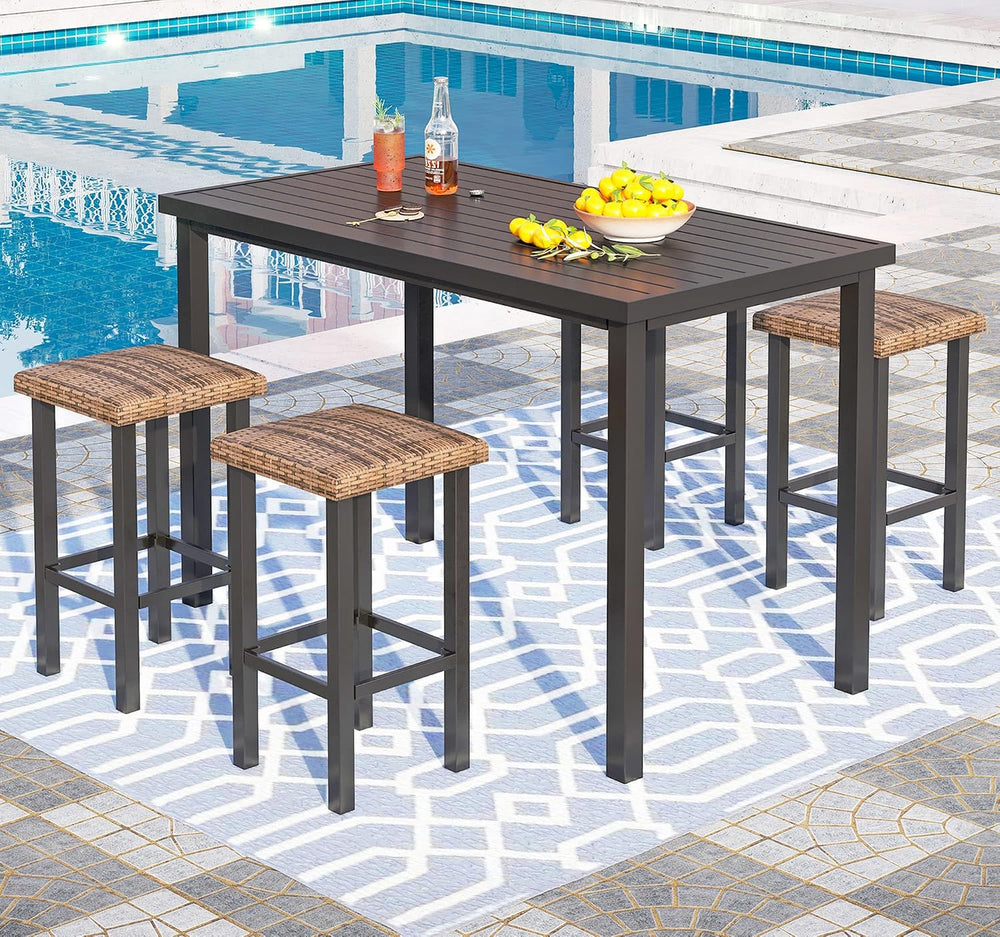 PHI VILLA 5 Piece Outdoor Patio Bar Set, Wicker, Bar Height