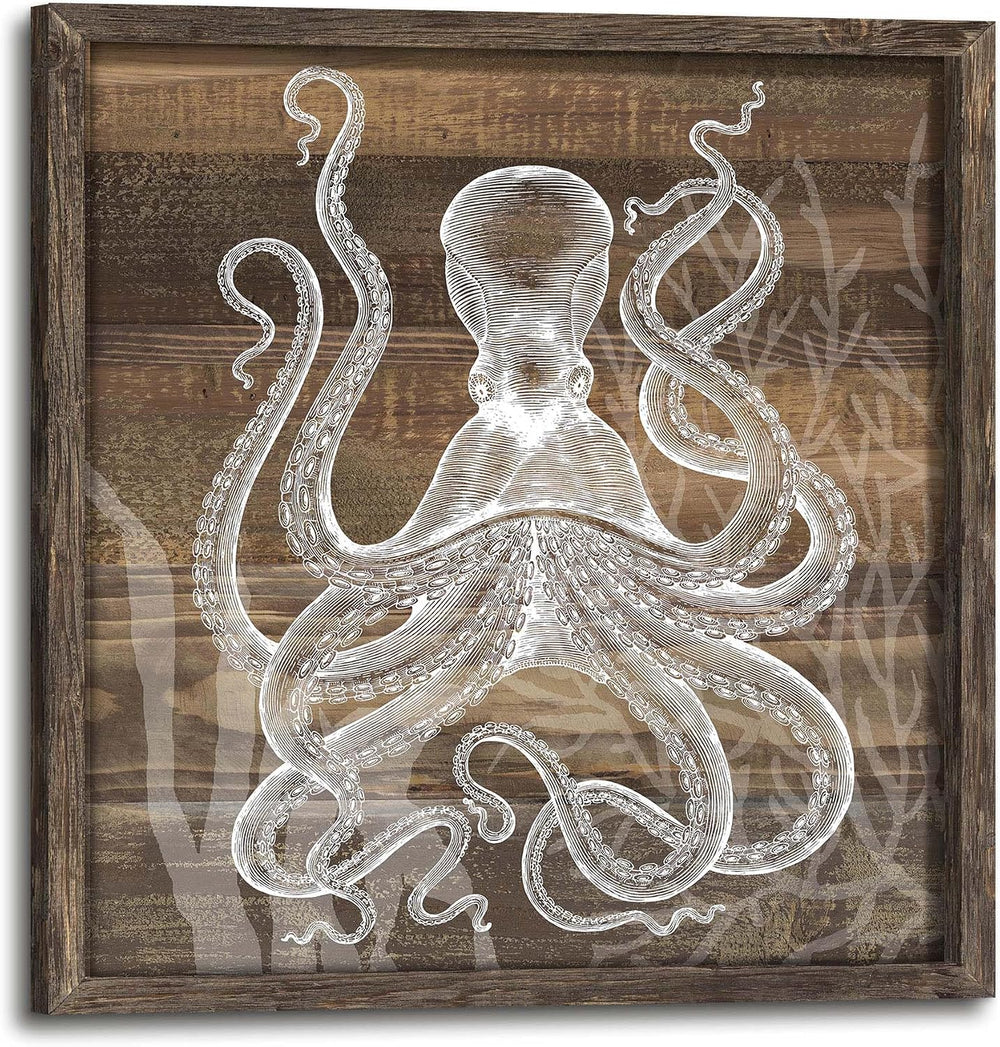 Ocean Wall Art Decor Bathroom: Octopus Framed Wood Picture Abstract Sea Life ...
