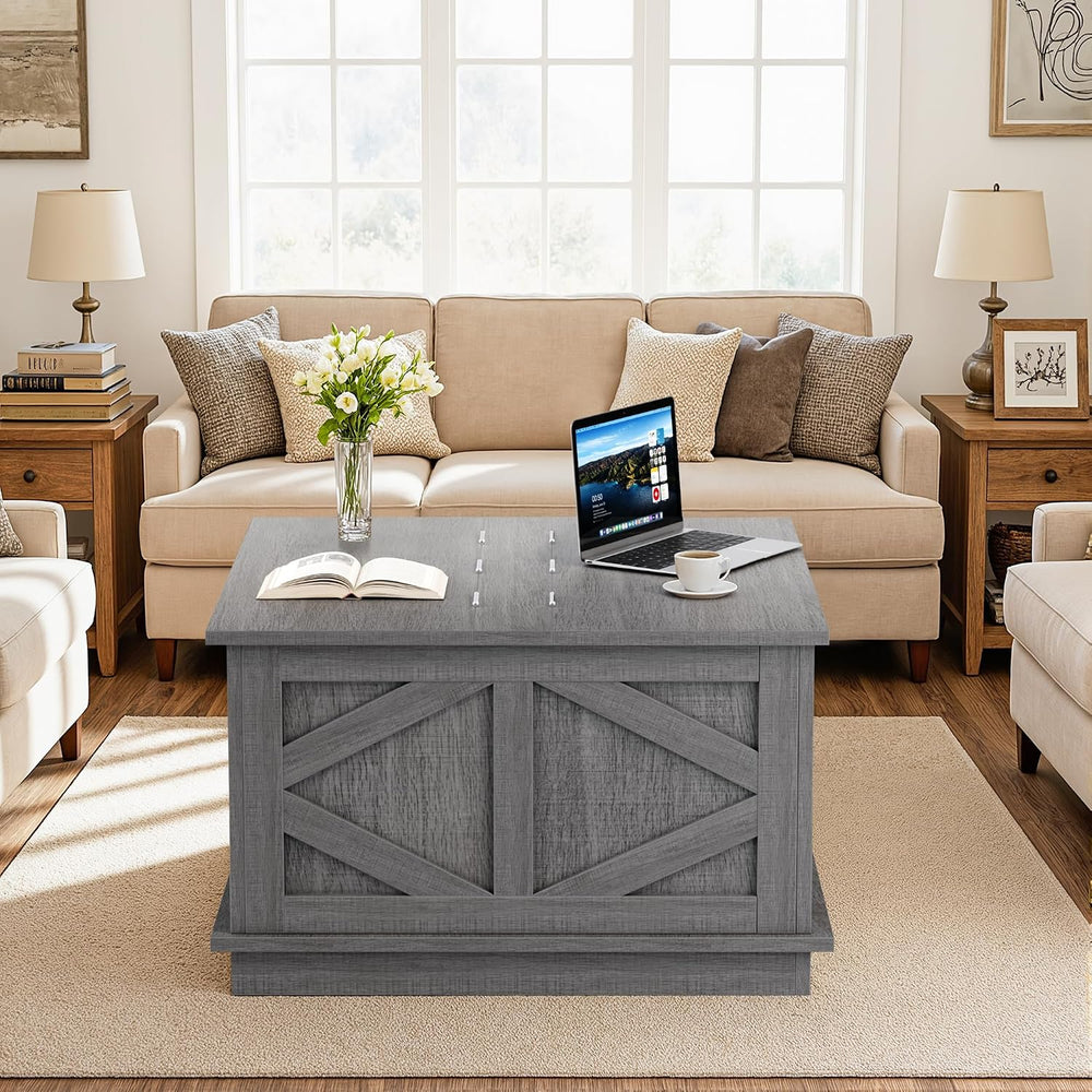 YESHOMY 31.5 Inch Square Farmhouse Coffee Table with Storage, Gray Wash