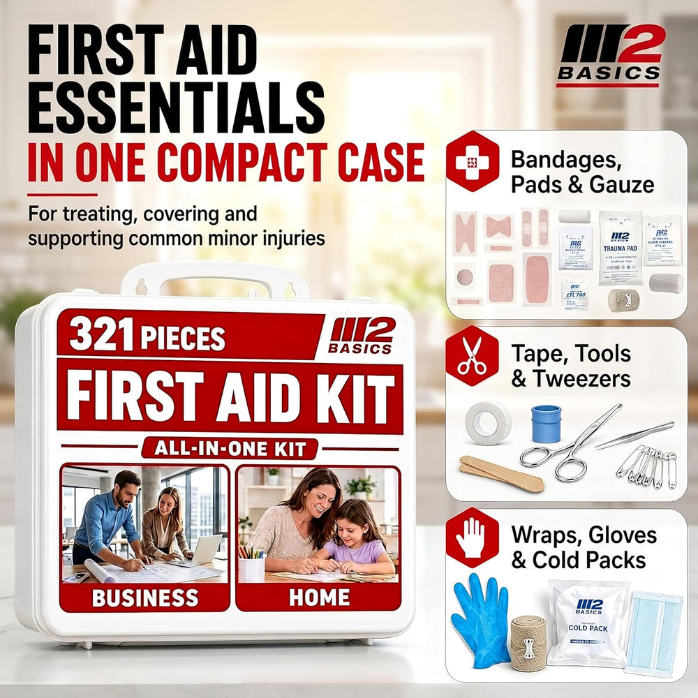 M2 BASICS 321 Piece All-Purpose First Aid Kit, Hard Case for Home, Business