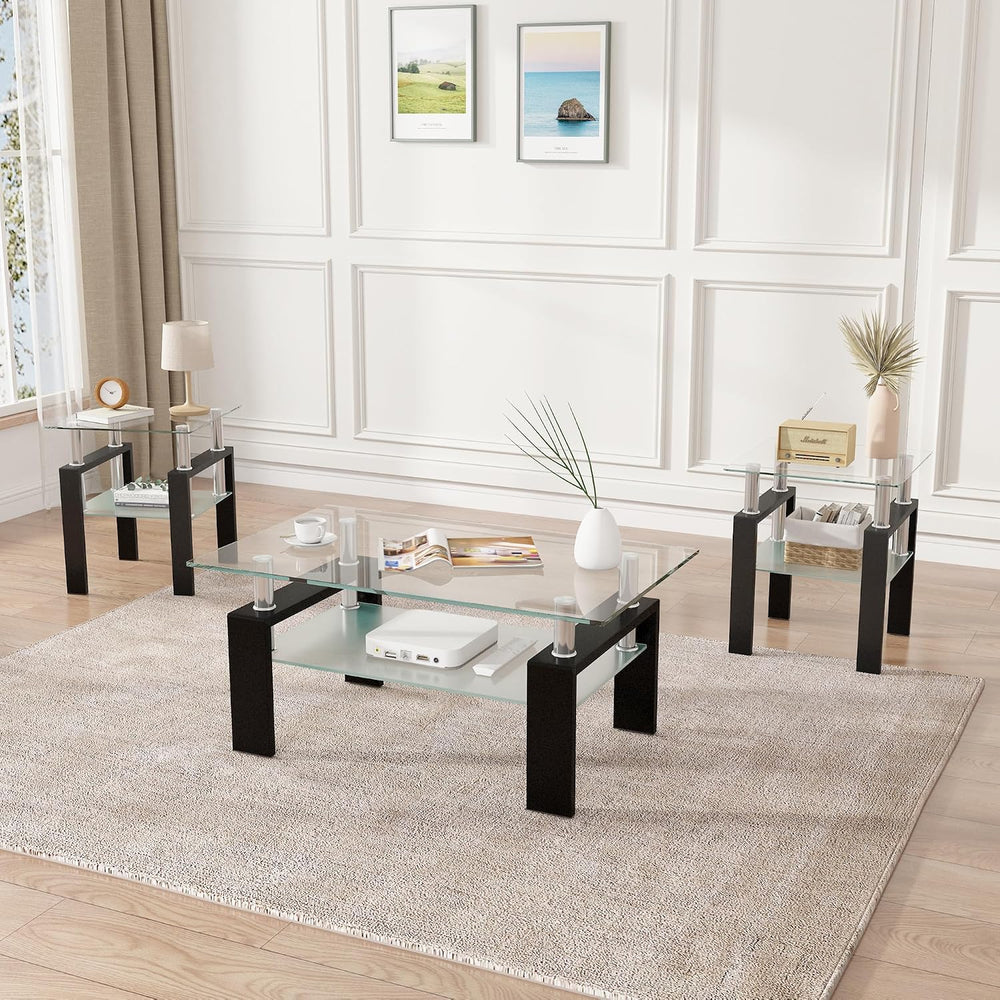 3 Piece Living Room Table Set, Glass Coffee Table Set of 3, Coffee Table Set ...