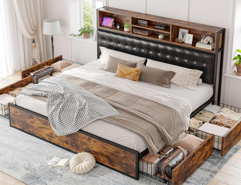EnHomee King Size Bed Frame with 4 Drawers & Charge Station, Vintage Brown