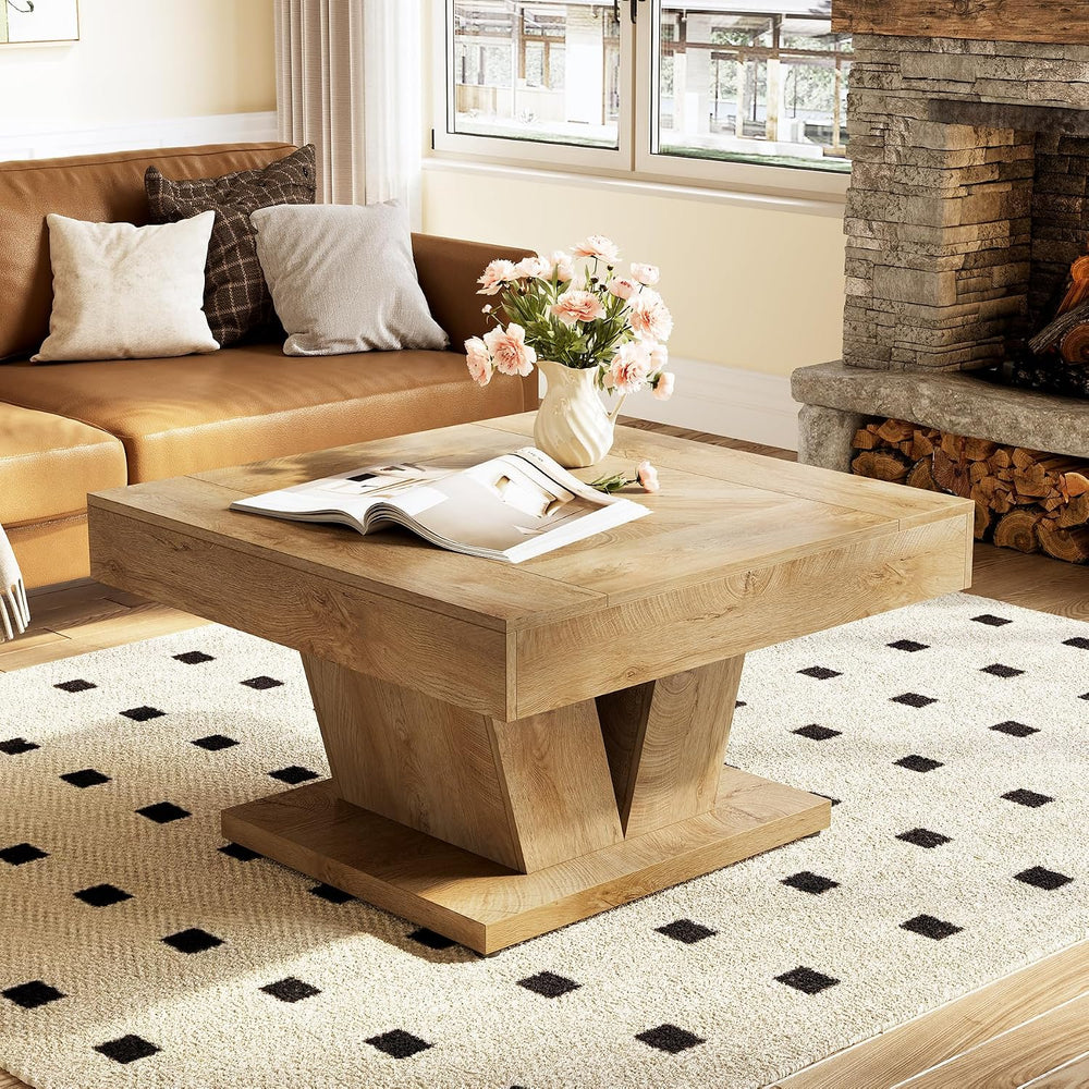 LITTLE TREE Square Coffee Table, Modern Rustic Coffee Table for Living Room, ...