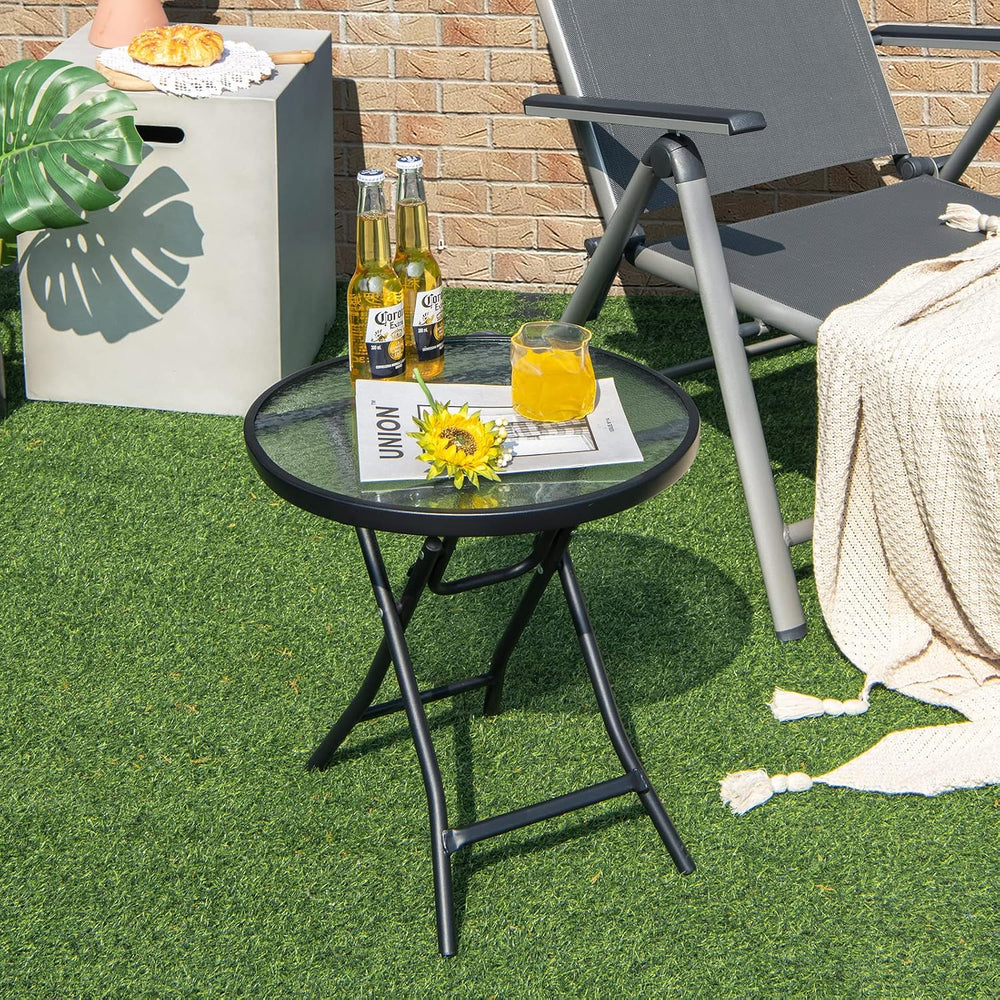 GIANTEX Round Folding Side Table, Patio Table w/Tempered Glass Tabletop