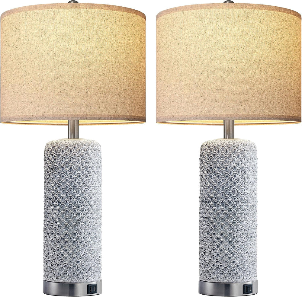 Farmhouse Table Lamps Set of 2 with USB A+C & 3-Way Touch Dimmable