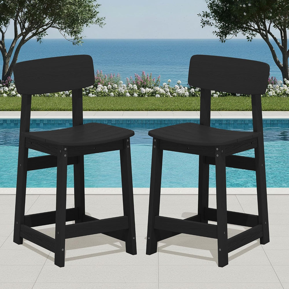 SERWALL Outdoor HDPE Counter-Height Bar Stools Set of 2, Black