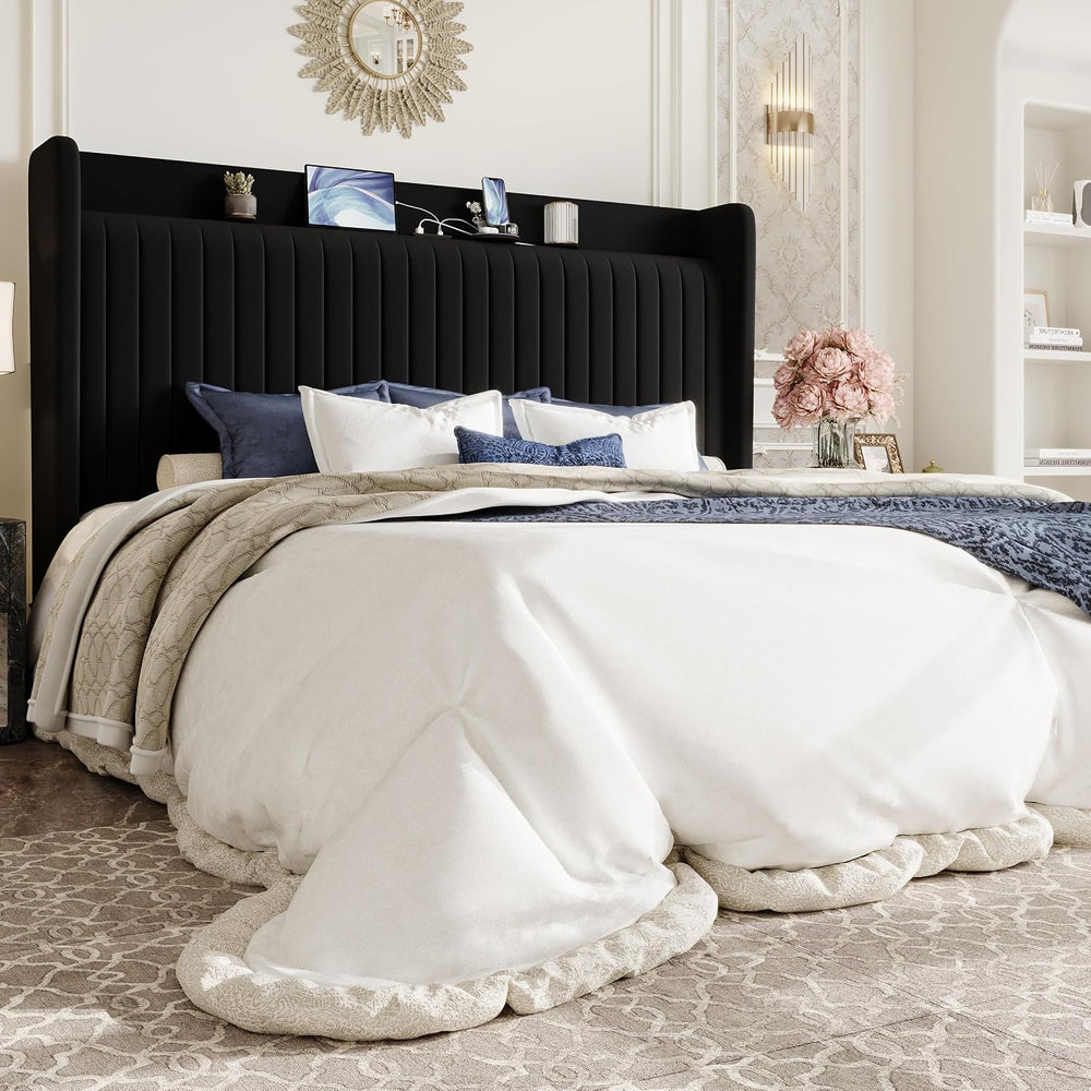 SHA CERLIN King Size Velvet Bed Frame with Shelf, Charging Station, Black