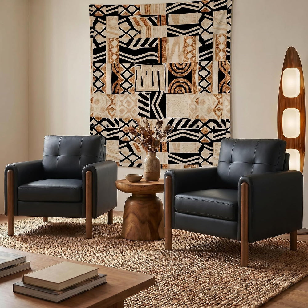 STHOUYN 35" Black Leather Oversized Accent Chair Set of 2 with Wood Armr...