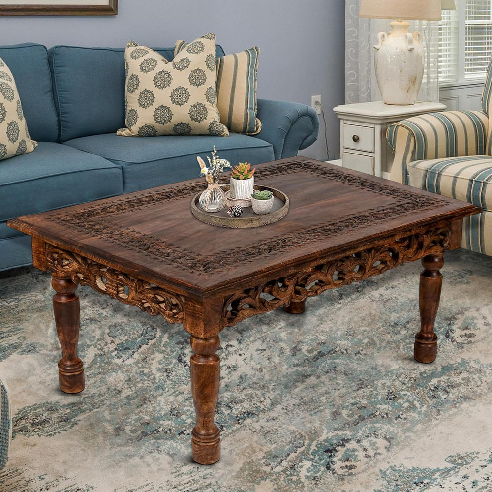 Coffee Table in Solid Wood With Hand Carving 38x24x18"_Burnt Rectangular
