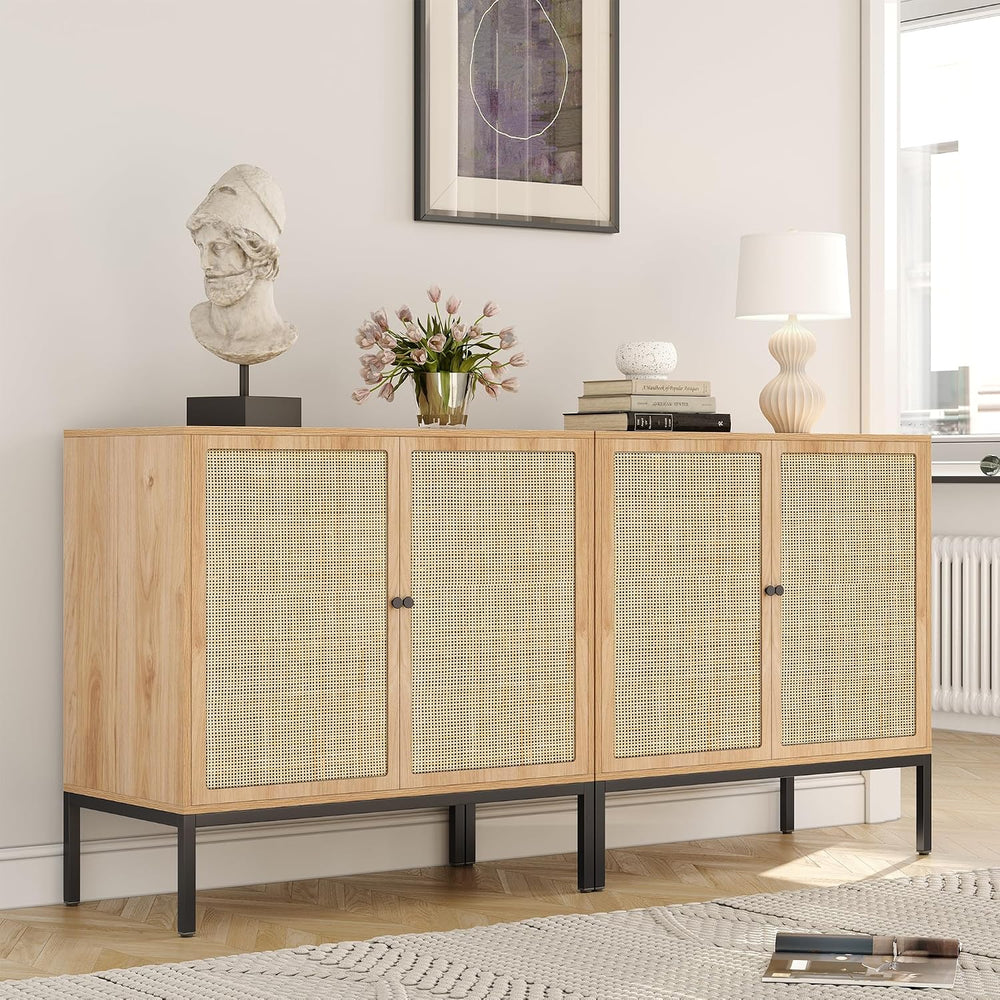 Yechen Set of 2 63" Sideboard Cabinet with Natural Rattan Doors, Buffet ...