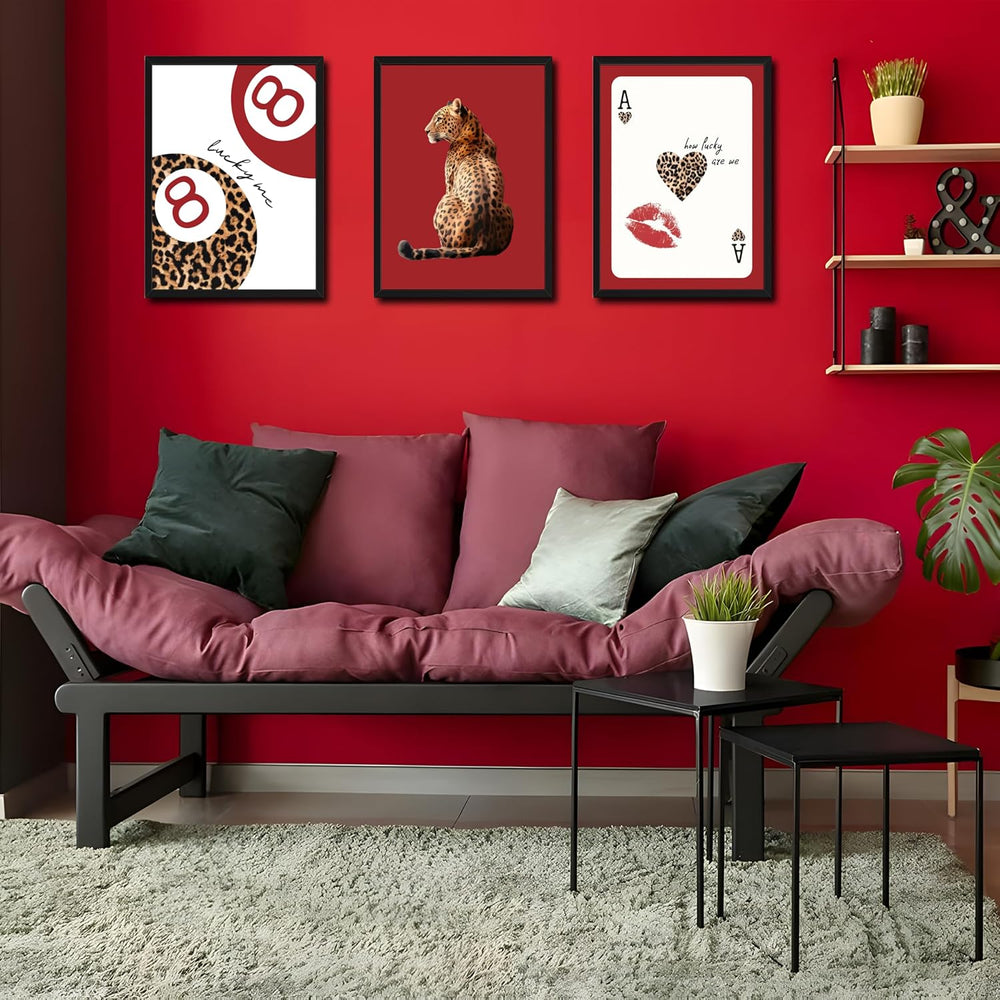 Framed Trendy Leopard Wall Art Set of 3, Red Funky Preppy Cheetah Wall Decor ...