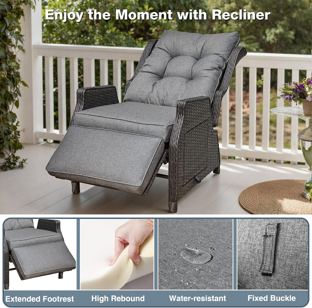 Outdoor Wicker Recliner with Adjustable Back and Footrest,Grey
